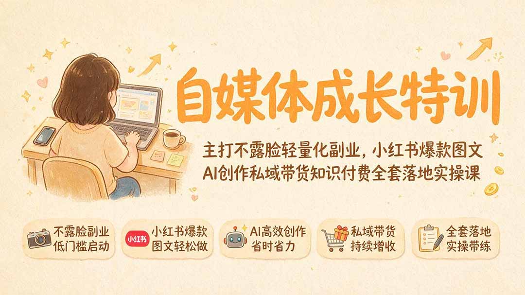 自媒体成长特训｜主打不露脸轻量化副业，小红书爆款图文AI创作私域带货知识付费全套落地实操课-搞钱利器