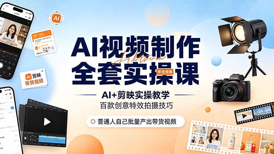 AI视频制作全套实操课，多款AI工具搭配剪映教学，百种特效运镜拍摄实操，抖音账号带货运营全覆盖-搞钱利器