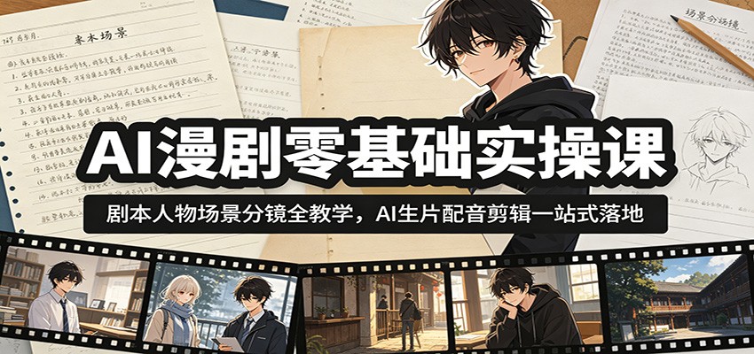AI漫剧零基础实操课：剧本人物场景分镜全教学，AI生片配音剪辑一站式落地-搞钱利器