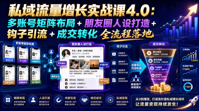 私域流量增长实战课4.0：多账号矩阵布局+朋友圈人设打造+钩子引流+成交转化全流程落地-搞钱利器
