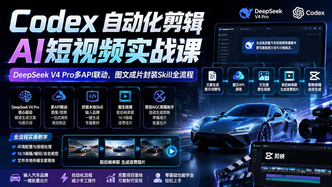 Codex自动化剪辑AI短视频实战课｜DeepSeek V4 Pro多API联动，图文成片封装Skill全流程-搞钱利器
