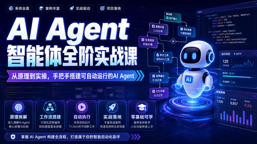 AI Agent智能体全阶实战课，从原理到实操，手把手搭建可自动运行的AI Agent-搞钱利器