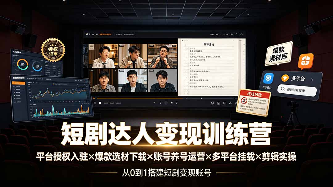 短剧达人变现训练营：平台授权入驻×爆款选材下载×账号养号运营×多平台挂载×剪辑实操×违规处理全流程-搞钱利器