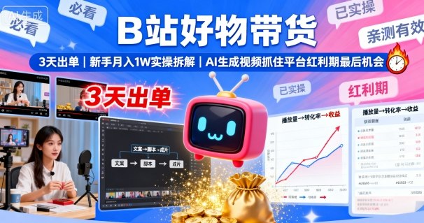 B站好物带货，3天出单，新手月入1W实操拆解，AI生成视频，抓住平台红利期最后机会-搞钱利器