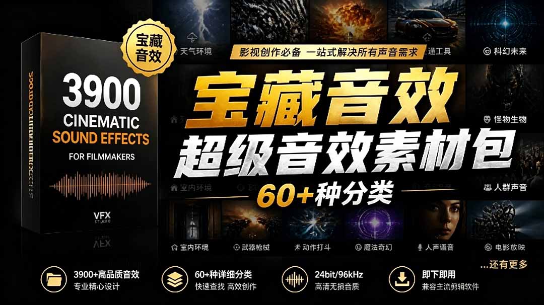 宝藏音效合集包！60+多种音效分类，共计3900个，分类清晰，全中文分类，高品质剪辑音效素材包-搞钱利器