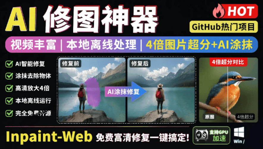本地离线处理，4倍图片超分+AI涂抹去水印！Github上热门神器，免费高清修复图一键搞定！Inpaint-Web-搞钱利器