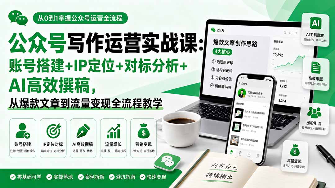 公众号写作运营实战课：账号搭建+IP定位+对标分析+AI高效撰稿，从爆款文章到流量变现全流程教学-搞钱利器