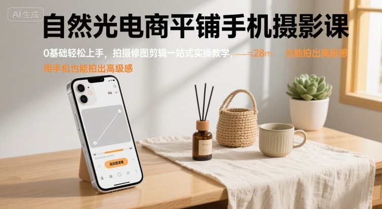 自然光电商平铺手机摄影课，0基础轻松上手，拍摄修图剪辑一站式实操教学，用手机也能拍出高级感-搞钱利器