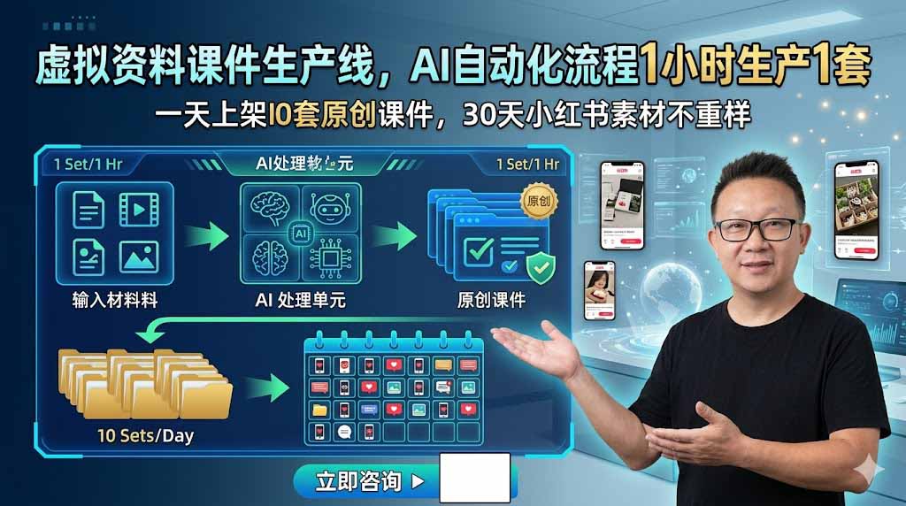 虚拟资料课件生产线，AI自动化流程1小时生产1套，一天上架10套原创课件，30天小红书素材不重样-搞钱利器