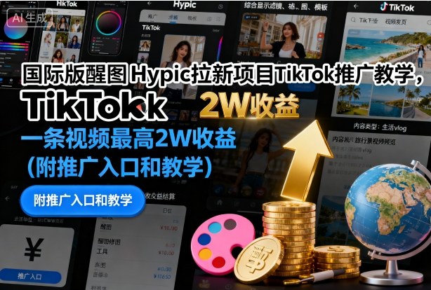 国际版醒图Hypic拉新项目TikTok推广教学，一条视频最高2W收益(附推广入口和教学)-搞钱利器
