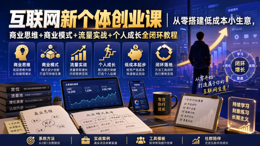 互联网新个体创业课｜从零搭建低成本小生意，商业思维+商业模式+流量实战+个人成长全闭环教程-搞钱利器