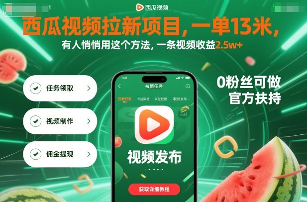 西瓜视频拉新项目，一单13米，有人悄悄用这个方法，一条视频收益2.5w+(附详细教程)-搞钱利器