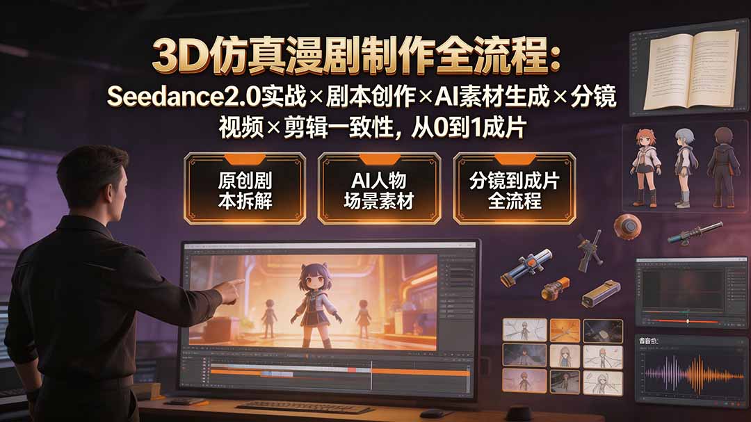 3D仿真漫剧制作全流程：Seedance2.0实战×剧本创作×AI素材生成×分镜视频×剪辑一致性，从0到1成片-搞钱利器