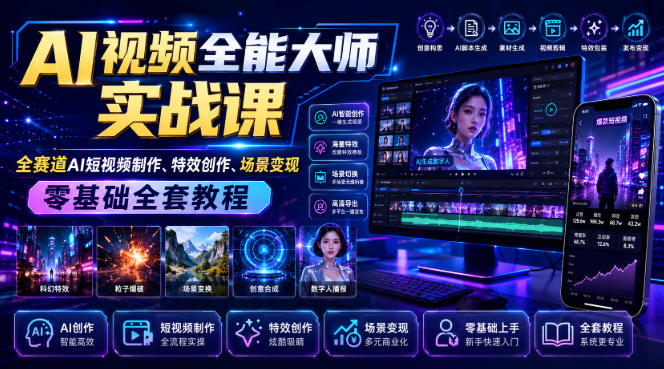 AI视频全能大师实战课｜全赛道AI短视频制作、特效创作、场景变现零基础全套教程-搞钱利器