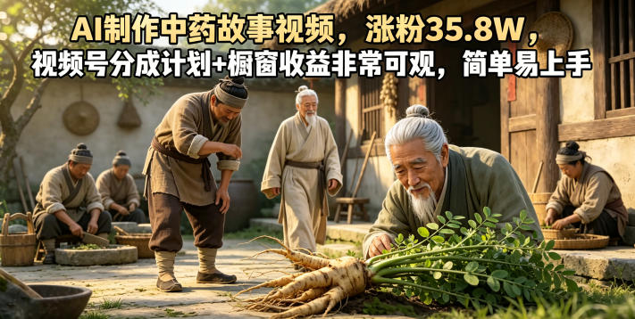 AI制作中药故事视频，涨粉35.8W，视频号分成计划+橱窗收益非常可观，简单易上手-搞钱利器