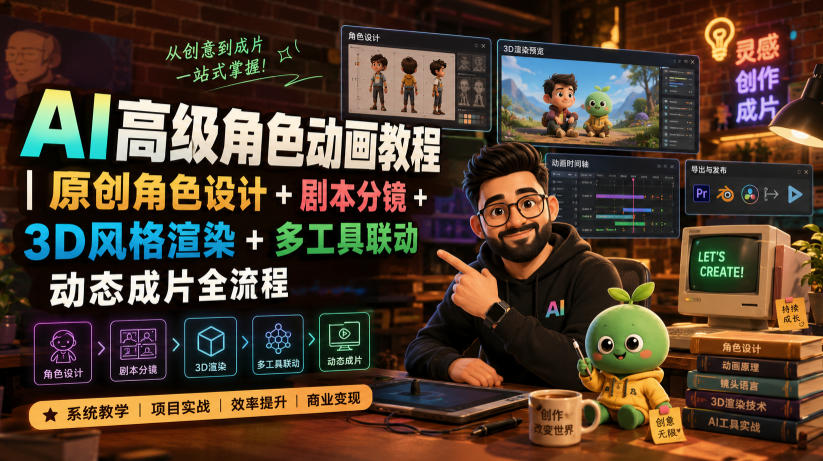 AI高级角色动画教程｜原创角色设计+剧本分镜+3D风格渲染+多工具联动动态成片全流程【中英字幕】-搞钱利器
