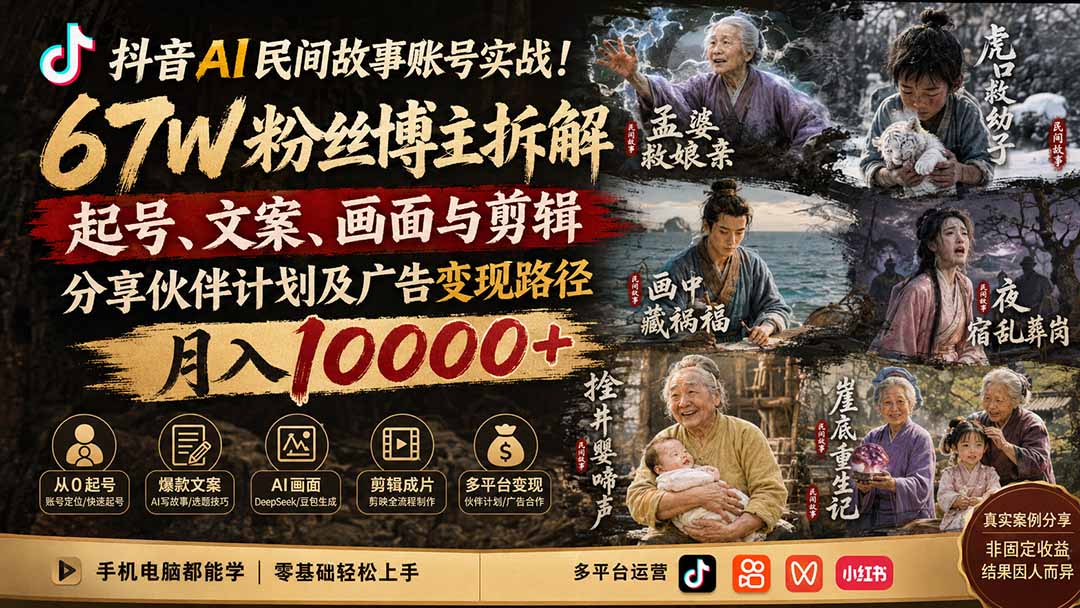 抖音AI民间故事账号实战！67W粉丝博主拆解起号、文案、画面与剪辑，分享伙伴计划及广告变现路径，月入10000+-搞钱利器