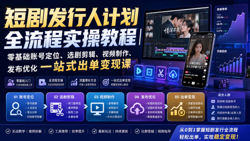短剧发行人计划全流程实操教程｜零基础账号定位、选剧剪辑、视频制作、发布优化一站式出单变现课​-搞钱利器