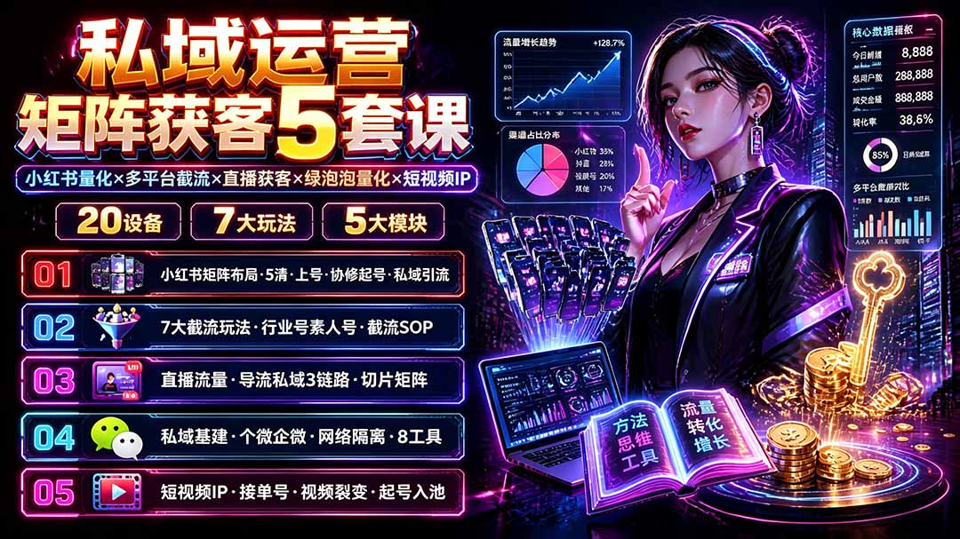 私域运营矩阵获客5套课：小红书量化×多平台截流×直播获客×绿泡泡量化×短视频IP×20设备×7大玩法-搞钱利器