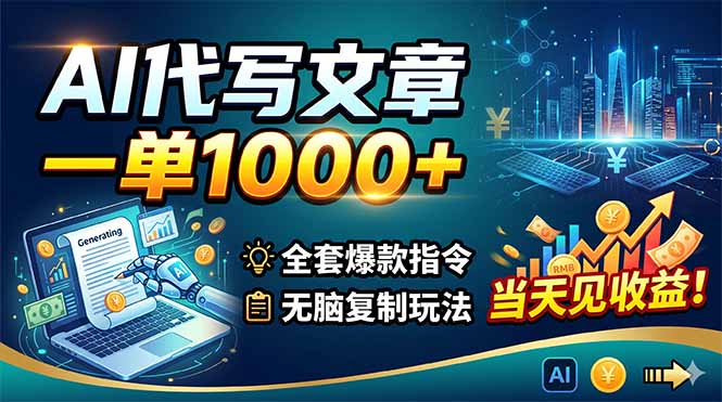 AI代写文章，一单1000+，全套爆款指令+无脑复制玩法，当天见收益！-搞钱利器