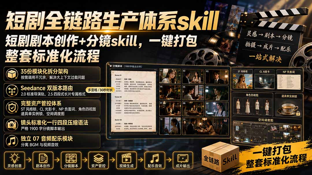 短剧全链路生产体系skill，短剧剧本创作+分镜skill，一键打包，整套标准化流程-搞钱利器