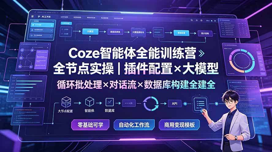 Coze智能体全能训练营：全节点实操｜插件配置×大模型×循环批处理×对话流×数据库构建全教学-搞钱利器