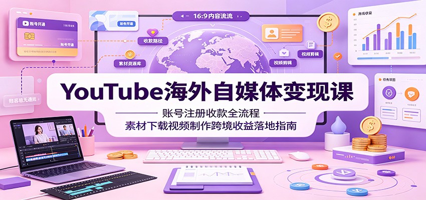 YouTube海外自媒体变现课：账号注册收款全流程，素材下载视频制作跨境收益落地指南-搞钱利器