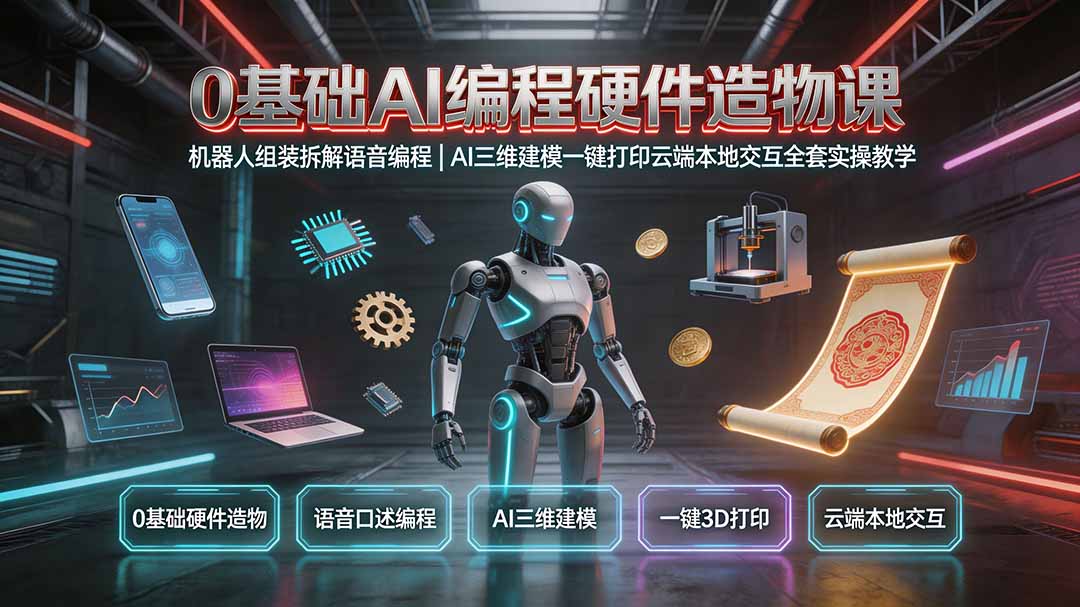 0基础AI编程硬件造物课｜机器人组装拆解语音编程，AI三维建模一键打印云端本地交互全套实操教学-搞钱利器