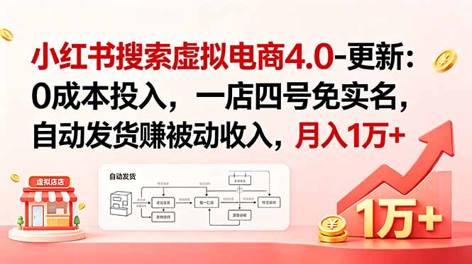 小红书搜索虚拟电商4.0-更新：0成本投入，一店四号免实名，自动发货赚被动收入，月入1万+-搞钱利器