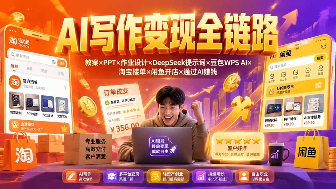 2026AI写作变现全链路：教案×PPT×作业设计×DeepSeek提示词×豆包WPS AI×淘宝接单×闲鱼开店×通过AI賺钱-搞钱利器