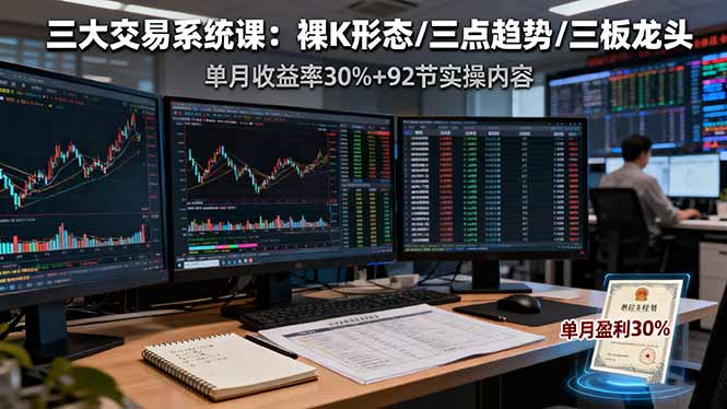 三大交易系统课：裸K形态/三点趋势/三板体系，单月收益率30%+92节实操内容-搞钱利器