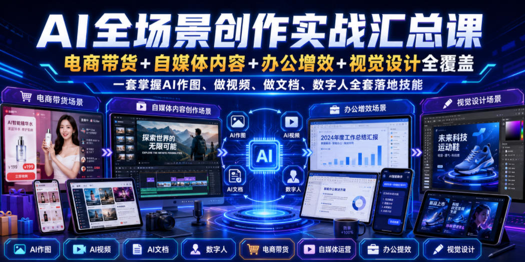 AI全场景创作实战汇总课｜电商带货+自媒体内容+办公增效+视觉设计全覆盖，一套掌握AI作图、做视频、做文档、数字人全套落地技能-搞钱利器