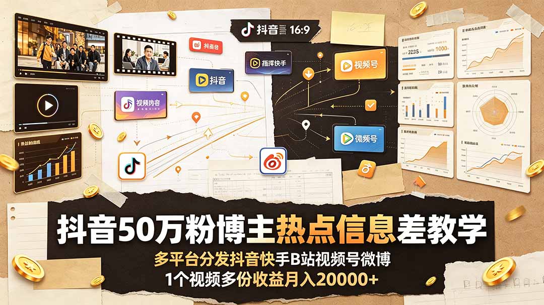 抖音50万粉博主热点信息差教学：多平台分发抖音快手B站视频号微博，1个视频多份收益月入20000+-搞钱利器