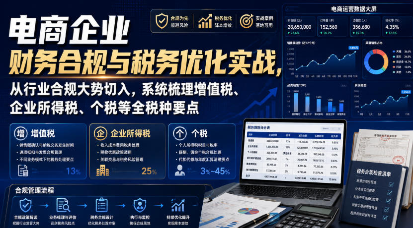 电商企业财务合规与税务优化实战，从行业合规大势切入，系统梳理增值税、企业所得税、个税等全税种要点-搞钱利器