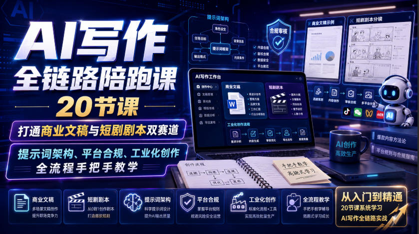 AI写作全链路陪跑课｜20节课打通商业文稿与短剧剧本双赛道，提示词架构、平台合规、工业化创作全流程手把手教学-搞钱利器