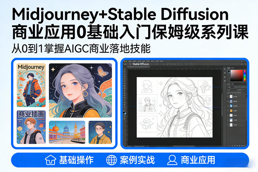 AIGC商业应用Midjourney+Stable Diffusion教程，0基础入门保姆级系列课-搞钱利器