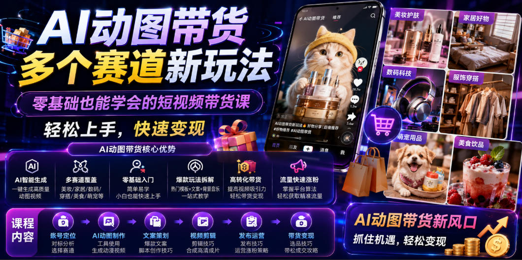 AI动图带货多个赛道新玩法，零基础也能学会的短视频带货课，轻松上手，快速变现-搞钱利器