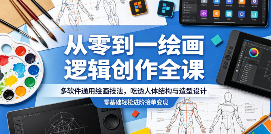 从零到一绘画逻辑创作全课，多软件通用绘画技法，吃透人体结构与造型设计，零基础轻松进阶接单变现-搞钱利器