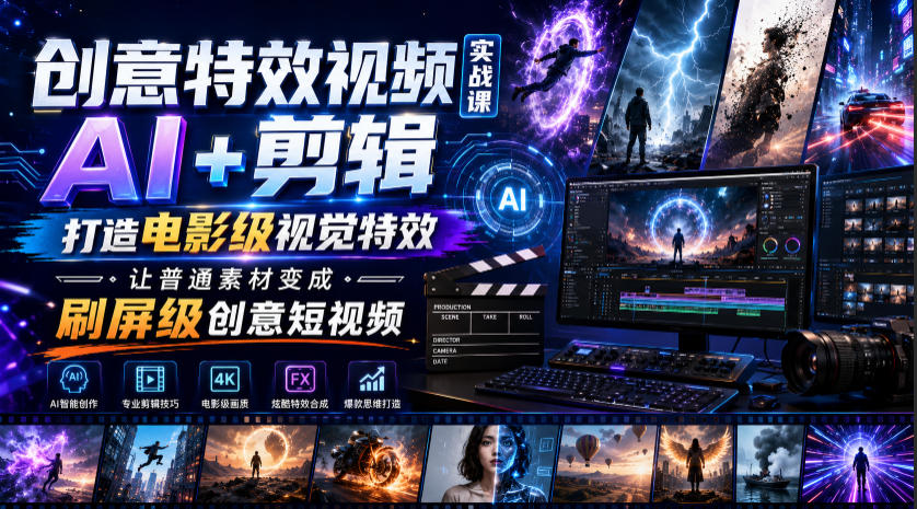 创意特效视频实战课，AI+剪辑打造电影级视觉特效，让普通素材变成刷屏级创意短视频-搞钱利器