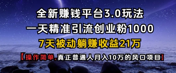 全新赚钱平台3.0玩法一天精准引流创业粉1000.7天被动躺Z收益21W【仅揭秘】-搞钱利器