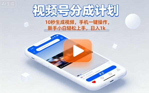 视频号分成计划懒人玩法，10秒生成视频，手机一键操作，新手小白轻松上手，日入1K【揭秘】-搞钱利器