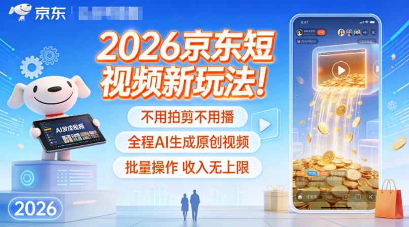 2026京东短视频新玩法！不用拍剪不用播，全程AI生成原创视频，批量操作收入无上限-搞钱利器