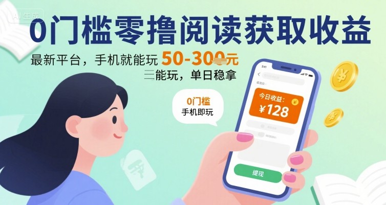 0门槛零撸阅读获取收益：最新平台，手机就能玩，单日稳拿 50-3张 【揭秘】-搞钱利器