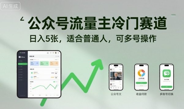 公众号流量主冷门赛道，日入5张，适合普通人，可多号操作-搞钱利器