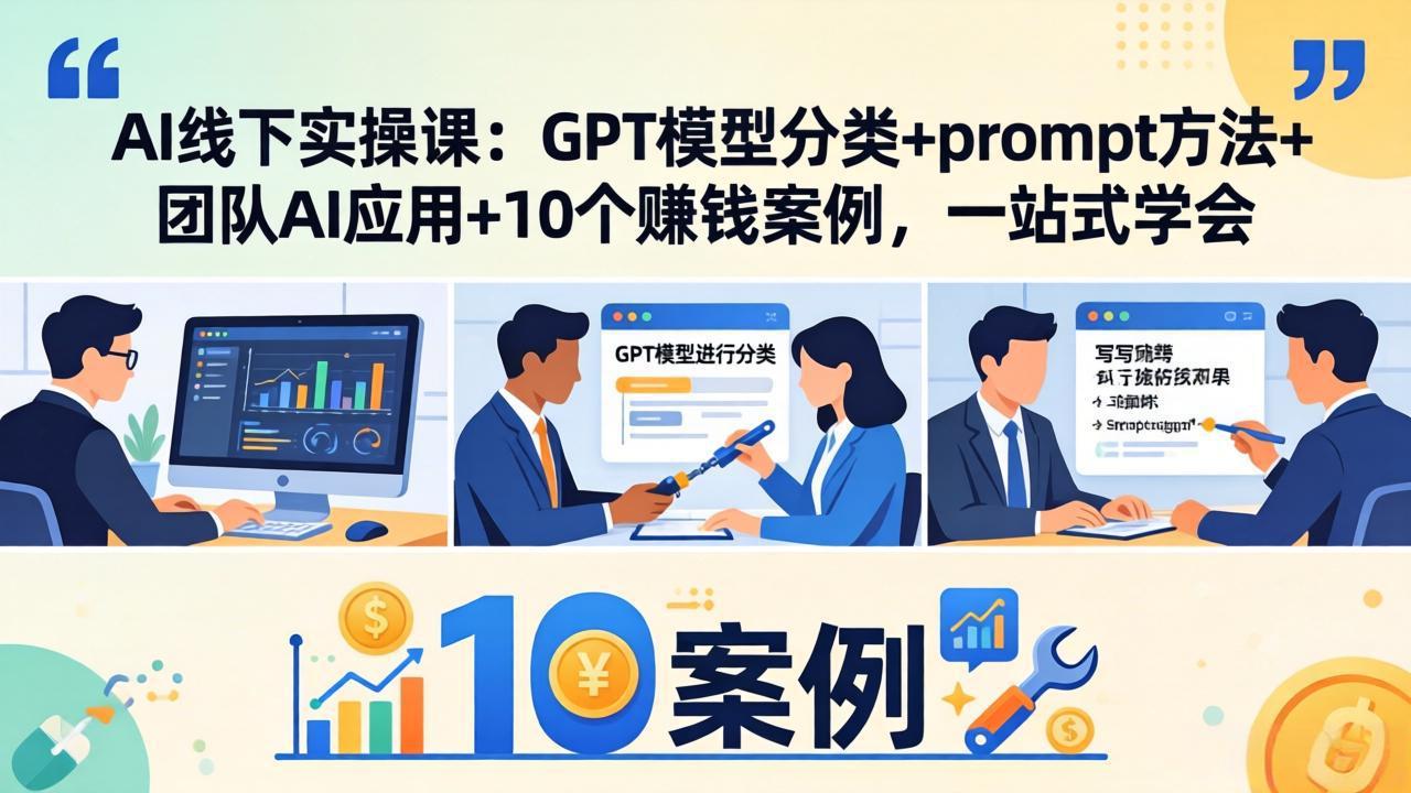 AI线下实操课：GPT模型分类+prompt方法+团队AI应用+10个赚钱案例，一站式学会-搞钱利器