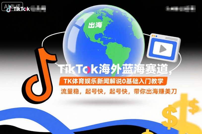 TikTok海外蓝海赛道,TK体育娱乐新闻解说0基础入门教学,流量稳,起号快,带你出海賺美刀-搞钱利器