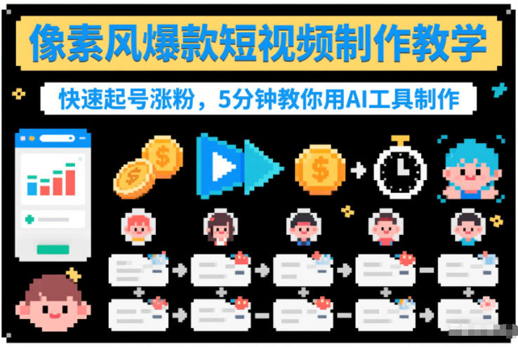 像素风爆款短视频制作教学，快速起号涨粉，5分钟教你用AI工具制作-搞钱利器