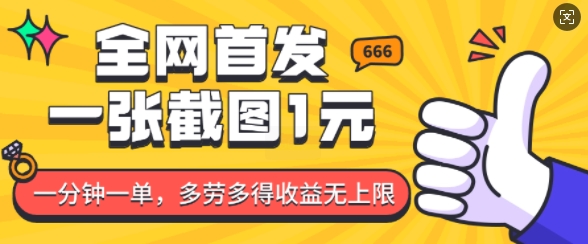 全网首发，一张截图1块钱，一分钟一单，多劳多得，收益无上限-搞钱利器