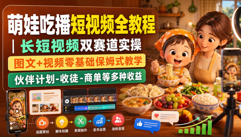 萌娃吃播短视频全教程｜长短视频双赛道实操，图文+视频零基础保姆式教学，伙伴计划-收徒-商单等多种变现方式-搞钱利器