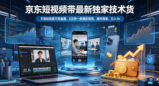 京东短视频带货最新独家技术，不用拍视频不用直播，2分钟一条爆款视频，操作简单，日入1k+【揭秘】-搞钱利器